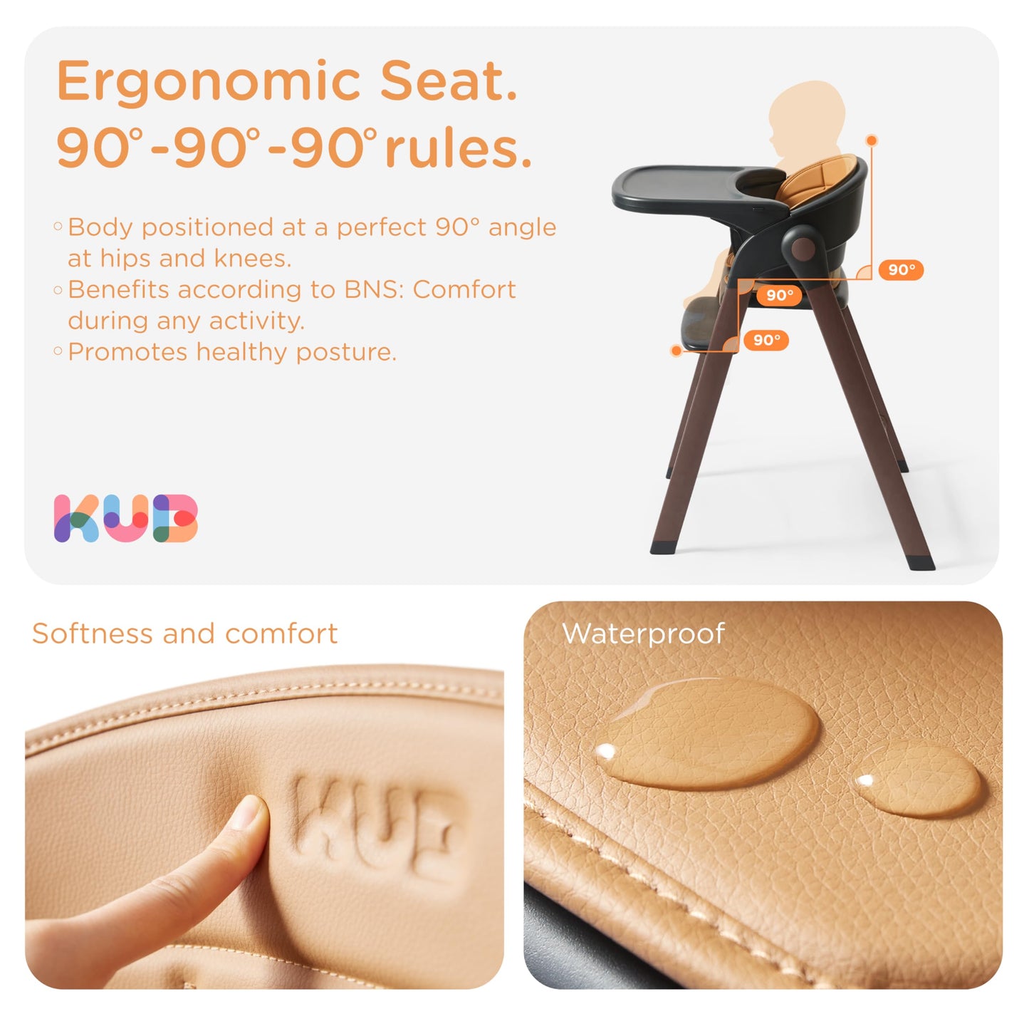 KUB High Chair for Babies and Toddlers Adjustable Foldable Convertible 5 Point Harness Easy Clean Wood-Printed Metal with Removable Tray Baby Highchair for Family (Black&Walnut Wood-Printed Metal)