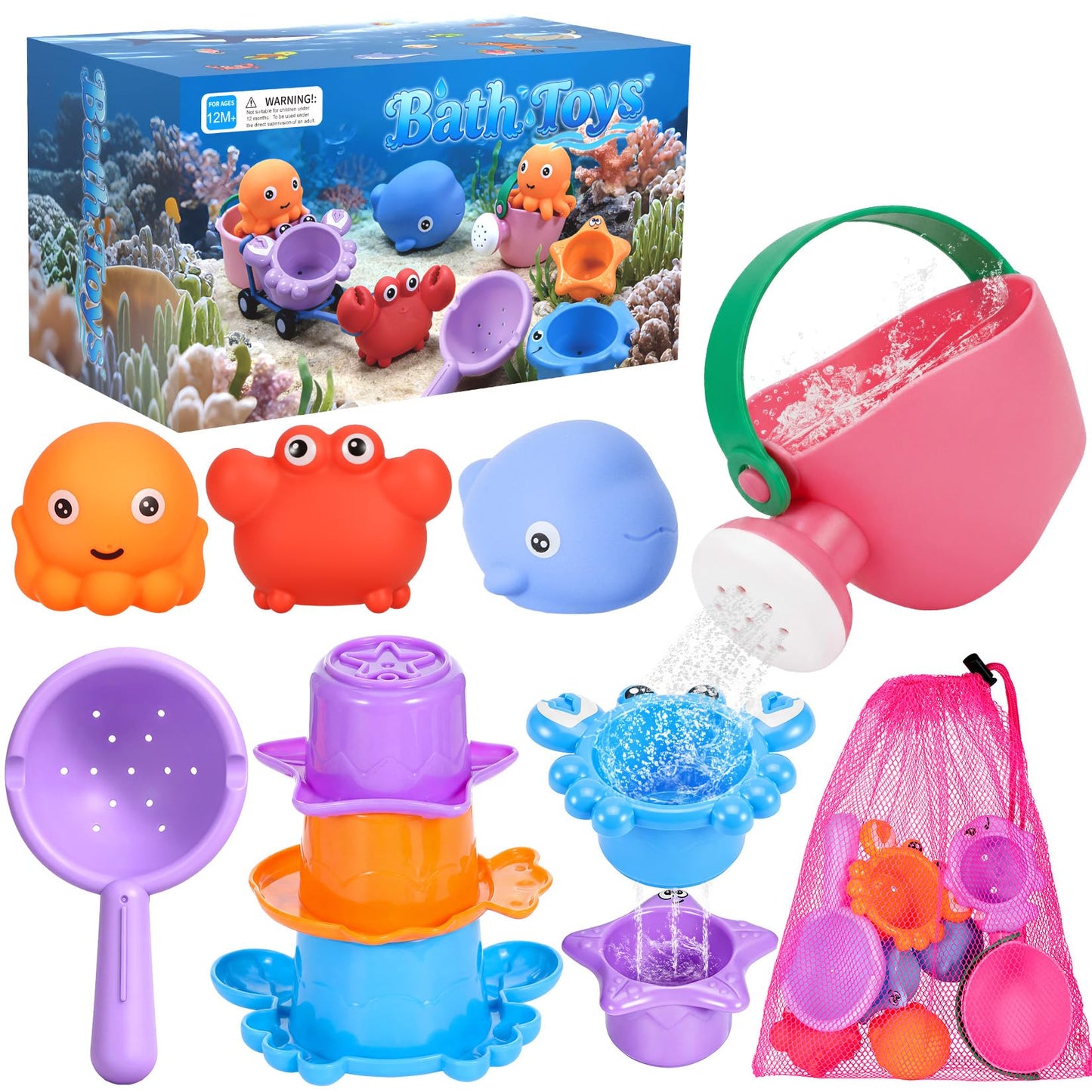 9 PCS Baby Bath Toys for Kids Ages 1-3, Toddler Bath Toys for 2-4 with 3 No Hole Squeezing Marine Animals Toys, Bathtub Beach Sand Water Table Toys for 1 2 3 Years Old Girls Boys Gifts
