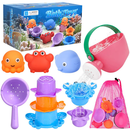 9 PCS Baby Bath Toys for Kids Ages 1-3, Toddler Bath Toys for 2-4 with 3 No Hole Squeezing Marine Animals Toys, Bathtub Beach Sand Water Table Toys for 1 2 3 Years Old Girls Boys Gifts