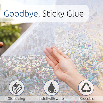 rabbitgoo Window Privacy Film Rainbow Film Decorative Window Sticker, 3D Static Stained Glass Cling Tint for Home Heat Control Non-Adhesive, 17.5 x 78.7 inches