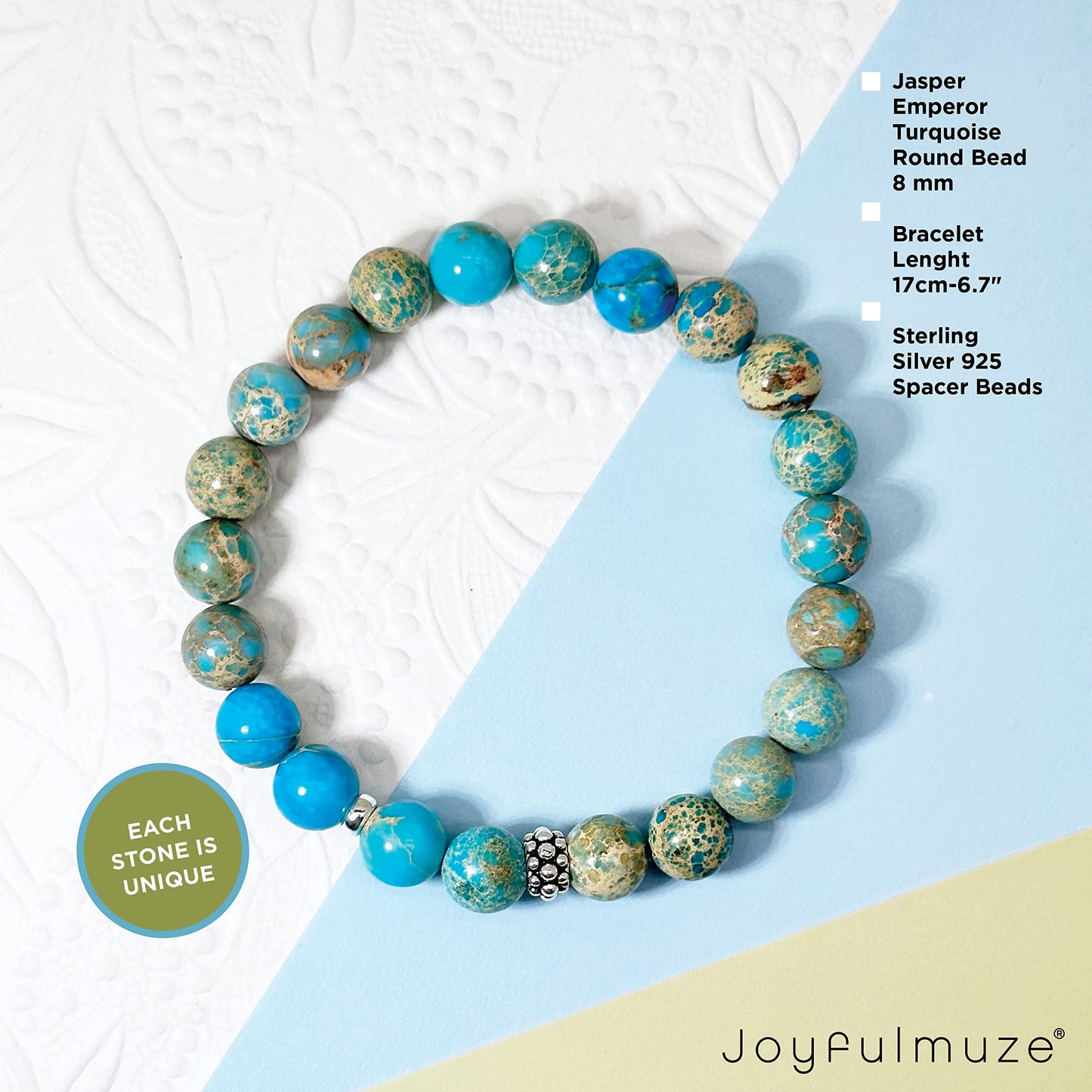 Joyfulmuze Handmade Stretch Bracelet, Genuine Turquoise Emperor Round Jasper, Premium Jewelry for Women Man Girls, Grounding Strength and Stability Stone, Sterling Silver Beads (Turquoise-Jasper-8mm)