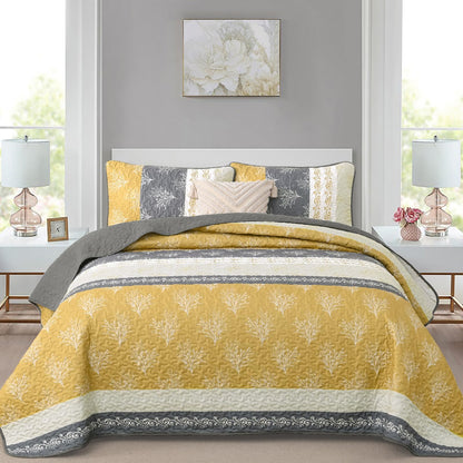 DJY Yellow Boho Quilt Set Queen Size, Striped Floral Yellow and Grey Bedspread Coverlet, 3 Pieces Patchwork Stripe Quilt Bedding Set Soft Microfiber Reversible Bedspread for All Season (96"x90")