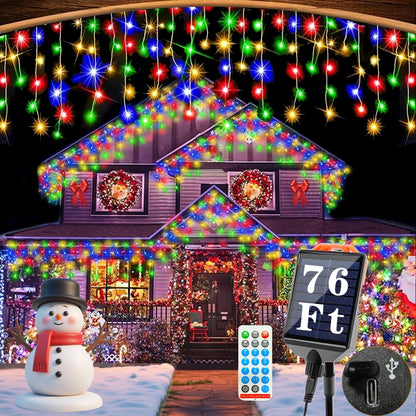 Aolupal Upgraded 640LED Solar Christmas Icicle Lights Outdoor Waterproof,60+16FT 13 Modes & USB Rechargeable Solar Powered Icicle Light for Roof House Yard Christmas Outdoor Decoration