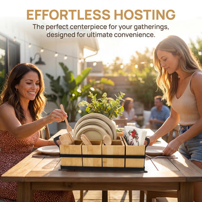 GOXTBBW Bamboo Utensil Caddy with Handle - 5 Compartment Silverware Holder for Party & Kitchen Countertop - Removable Wooden Flatware Organizer for Picnic, BBQ, Buffet, RV & Outdoor Dining