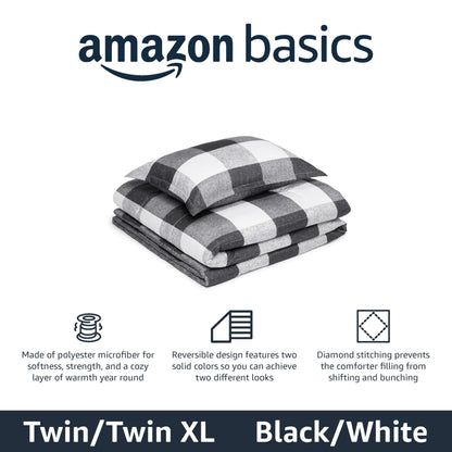 Amazon Basics Lightweight Microfiber Comforter Set, 2-Piece, Twin/Twin XL, Black/White Checkerboard