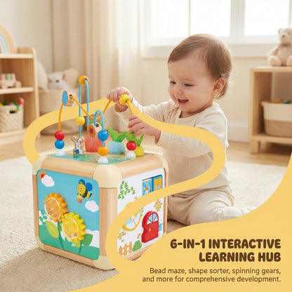 Hape Green Thumbs 6-in-1 Wooden Activity Cube for Toddlers - Nature-Themed Educational Toy with Bead Maze, Shape Sorter & Sensory Carrots - Montessori Learning Gift for Baby Boys & Girls