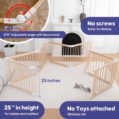 CONKKA Foldable Wooden Baby Playpen Large Play Yard for Babies, 2-in-1 New Mom Helper Portable Fence, 25" Tall Custom Wood Gate with Adjustable Size & Shape for Infants 3-18 Months -63x63x25 inch