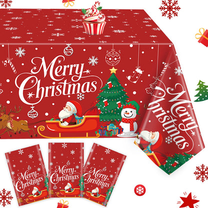 MEIDUO Christmas Tablecloth, 3 Pack 54" X 108" Red Christmas Disposable Plastic Table Covers, Rectangular Table Decor, Xmas Tree Snowman Snowflakes Designs for Winter Party Decorations