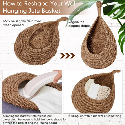 Honeydak Boho Decor Hanging Wall Baskets for Kitchen 3 Pack Teardrop Baskets with Hooks Storage Fruit Onion Vegetable Potato for Home 3 Sizes(Linen,Teardrop,Jute)