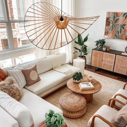 Brown Woven Chandelier, D39" Creative Straw Hat Shape Pendant Light Fixtures, Stretch Fabric+Fiberglass Material, Modern Boho Large Chandeliers, Suitable for Living Room, Bedroom, Dining Room, Office