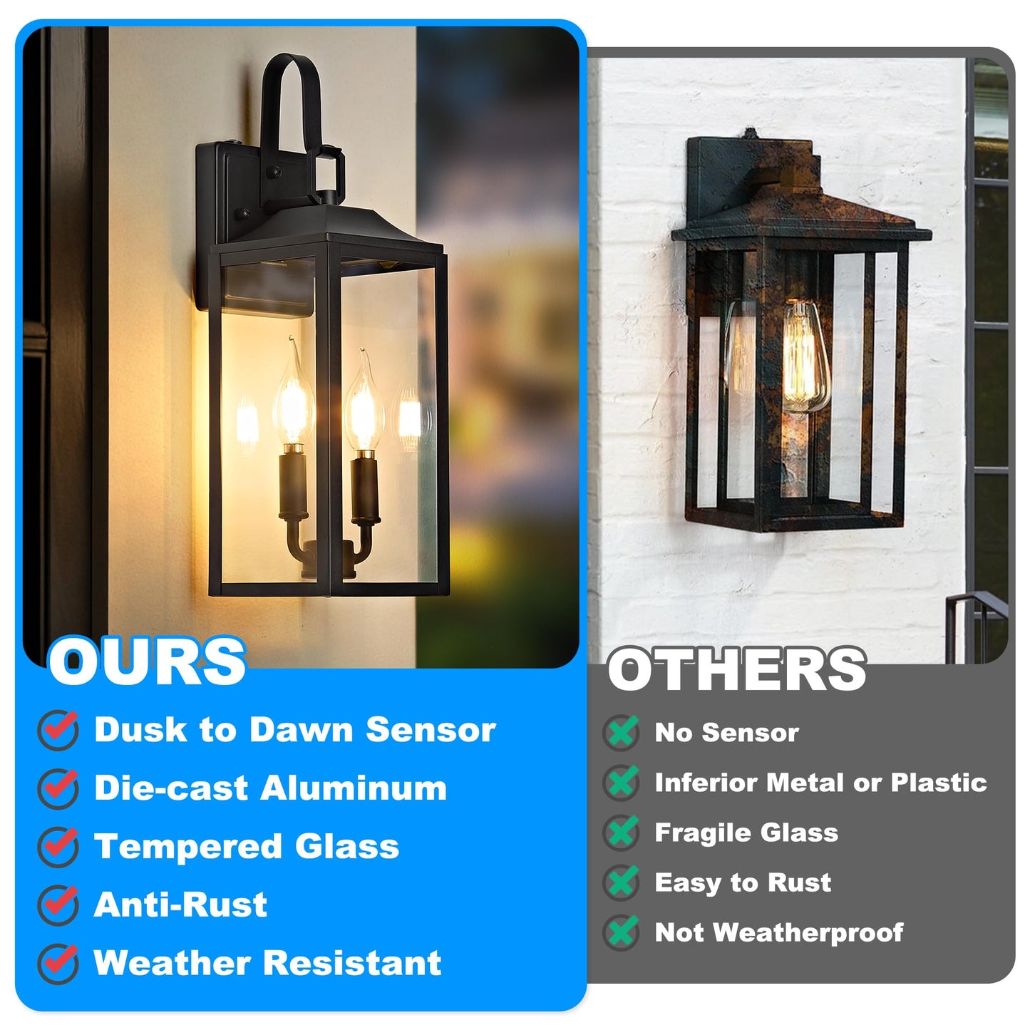 OKELI 17.6" Dusk to Dawn Outdoor Lighting, 2-Light Black Wall Lantern for Porch Outside Wall Sconces with Tempered Glass Shade, Anti-Rust Wall Lights Outside Light for Garage, Foyer