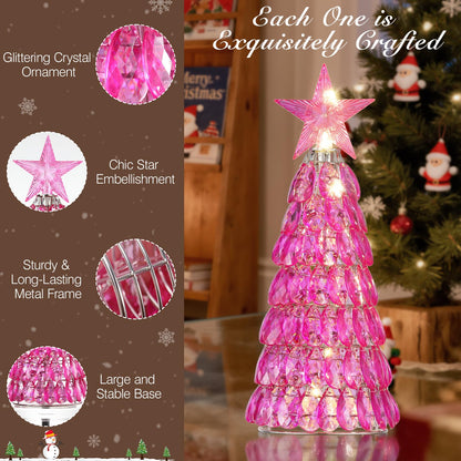 Lewondr Christmas Tree Lamp, 12 Inch Battery Powered Crystal Tabletop Lighted Christmas Decorative Light LED Lamp, Luxury Handmade Glittering Xmas Tree Table Decoration for Home Party Gift, Pink