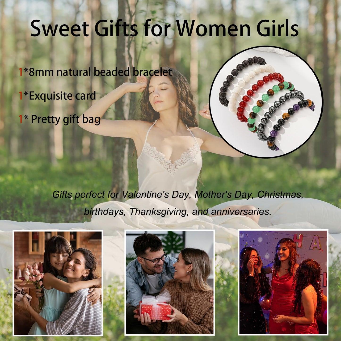 Gnamy Mothers Day Gifts for Mom from Daughter Son, Triple Protection Bracelet for Women, Healing Crystal Beads Bracelet Black Tourmaline Tigers Eye Amethyst Natural Stone Anxiety Jewelry Birthday Gifts Idea
