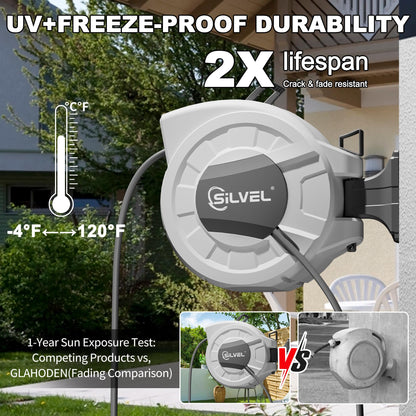 Retractable Garden Hose Reel, 1/2" x 100ft Wall Mount Heavy Duty Automatic Hose Reel with 10 Pattern Nozzle, Any Length Lock & Slow Return System, 180°Swivel Bracket Upgraded UV Resistant,Light Grey