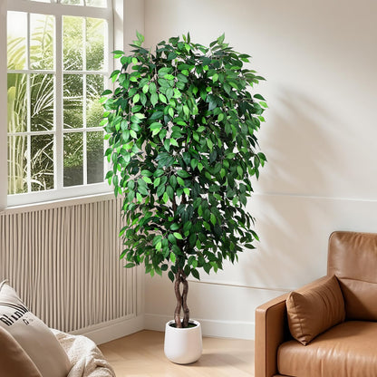 Jocoevol 7FT Artificial Ficus Tree, Tall Faux Trees Indoor with White Planter, Dried Moss, Natural Silk Leaves & Trunk, Fake Plants for Home Living Room Office Corner Decor Housewarming Gift