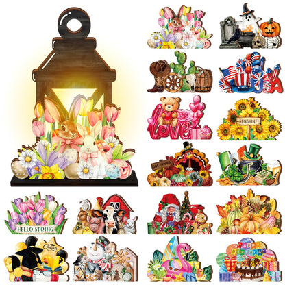 Yousoontic 4th of July Lighted Table Decor Interchangeable Seasonal Table Lantern Decor with 16 Holiday Spring Summer Wooden Signs 4 LED for Home Office Desk Welcome Ornaments Gift