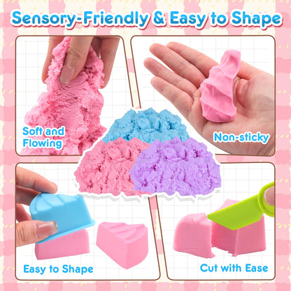 Crelloci Cake Play Sand Toys, Sensory Bin with 3 Colors Sand, Inflatable Sandbox & Air Pump, 12 Cake & 5 Shaped Molds, Tools, Art Kit Gift for Kids Toddlers Girls Boys Ages 3 4 5 6 7 8 9 Years Old