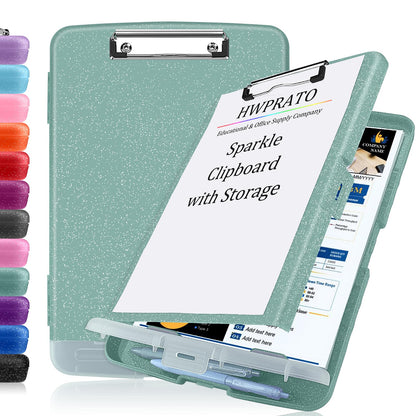 HWPRATO Glitter Clipboard with Storage, Clip Boards 8.5x11 with Pen Holder, Binder Clipboards with Low Profile Clip Heavy Duty Plastic Nursing Clipboard Folder Side Opening (Glitter Grayish Green)