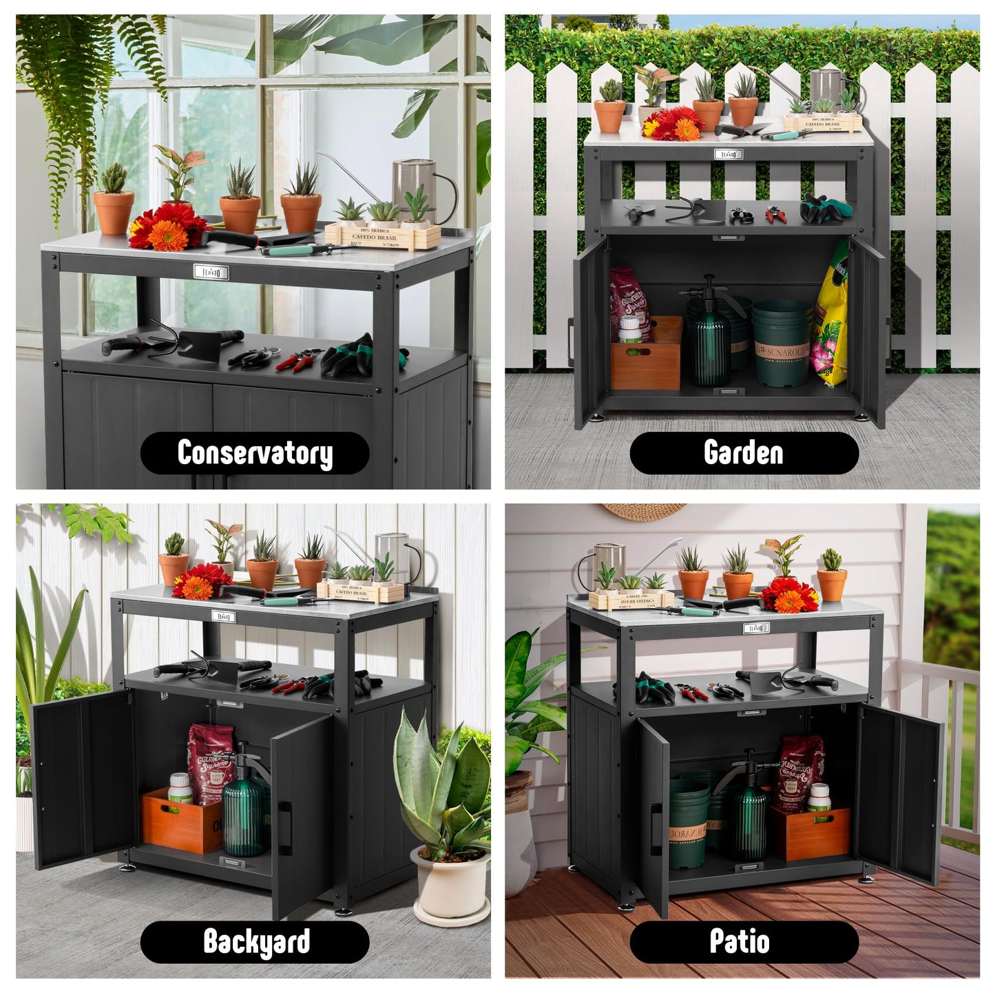 Feasto Garden Potting Bench with Storage, Outdoor Potting Table & Garden Work Bench for Plants, Horticulture, Outdoor Potting Station with Stainless Steel Tabletop, Outdoor Work Table
