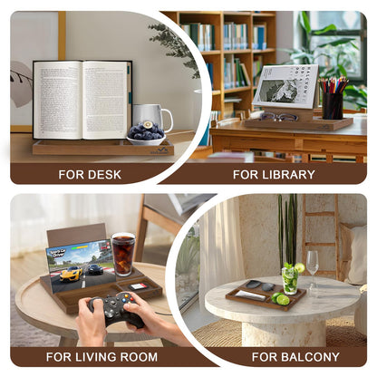 Acacia Book Nook Reading Valet Stand, Wooden Book Stand for Reading Rest, Triangle Books Holder with Cup, Pen, Phone & Earphone Holder, for Nightstand Bedside Desk Library and Book Lover Gifts