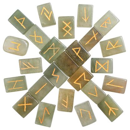 Crocon Green Jade Rectangle Shape Gemstone Runes with Elder Futhark Alphabet Engraved 25 pcs Rune Set Crystal Divination Metaphysical Healing Chakra Reiki Runes Set with a Pouch Size : 20-25mm