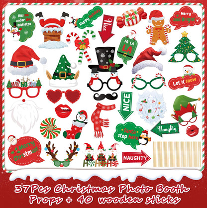 Christmas Photo Booth Props - 36Pcs Christmas Party Decorations Decor & Selfie Accessories, Fun Xmas Party Favors Gifts for Adults, Office Party Supplies