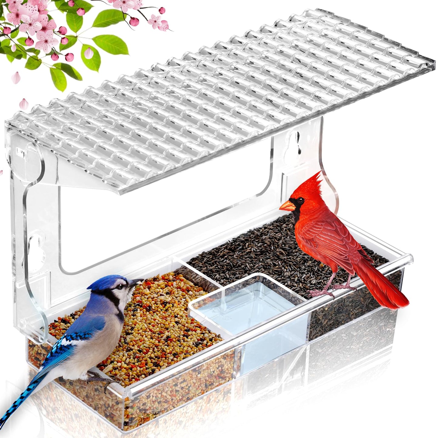 Gbekery Window Bird Feeder for Outdoors with Strong Suction Cups, Acrylic Clear Window Bird Feeders for Viewing with Large Capacity Detachable Seed & Water Tray