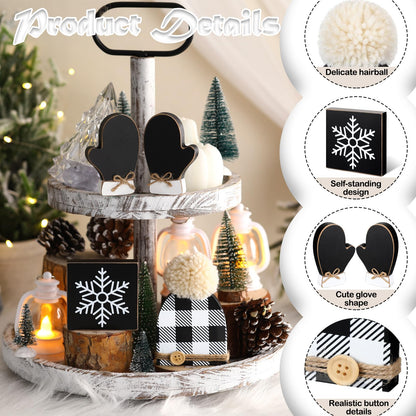 Wenqik 4 Pcs Winter Table Decor Snowflake Gloves Hat Wooden Table Centerpiece Black and White Rustic Farmhouse Wood Tiered Tray Decor Block Sign for Winter Holiday Party Office Shelf Home