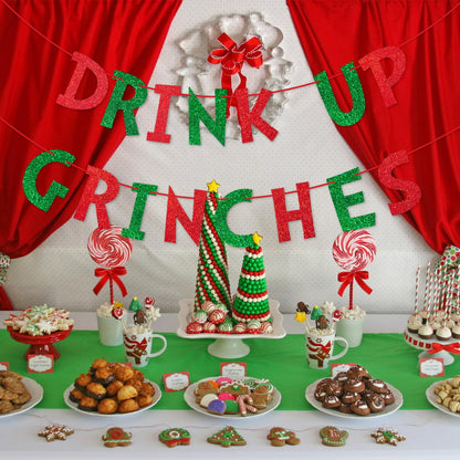 Rismise Drink Up Christmas Decorations Red Green Glittery Christmas Banner Xmas Garland Banners Winter Holiday Garland Photo Props Banners Christma Party Decorations for Xmas Backdrop Decorations