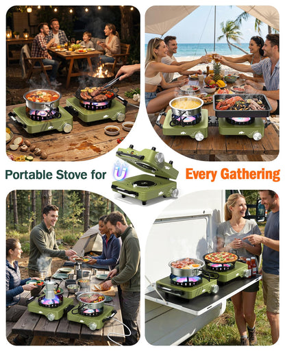 2 Propane Burners Camping Stove, 30,000 BTU Folding Camp Stove with Windproof Grates and Frying Pan, Portable Camping Stoves with Carrying Bag, Camping Essentials for Tailgating/Grilling/Coffee, Green