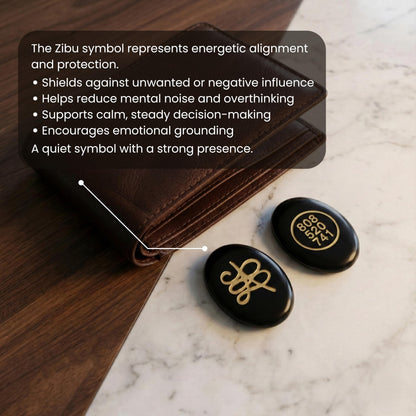 Trrystals Natural Gemstone Zibu Coin – Reiki Healing Symbol, Energy Activation, Good Luck & Spiritual Protection Token (Black Obsidian)