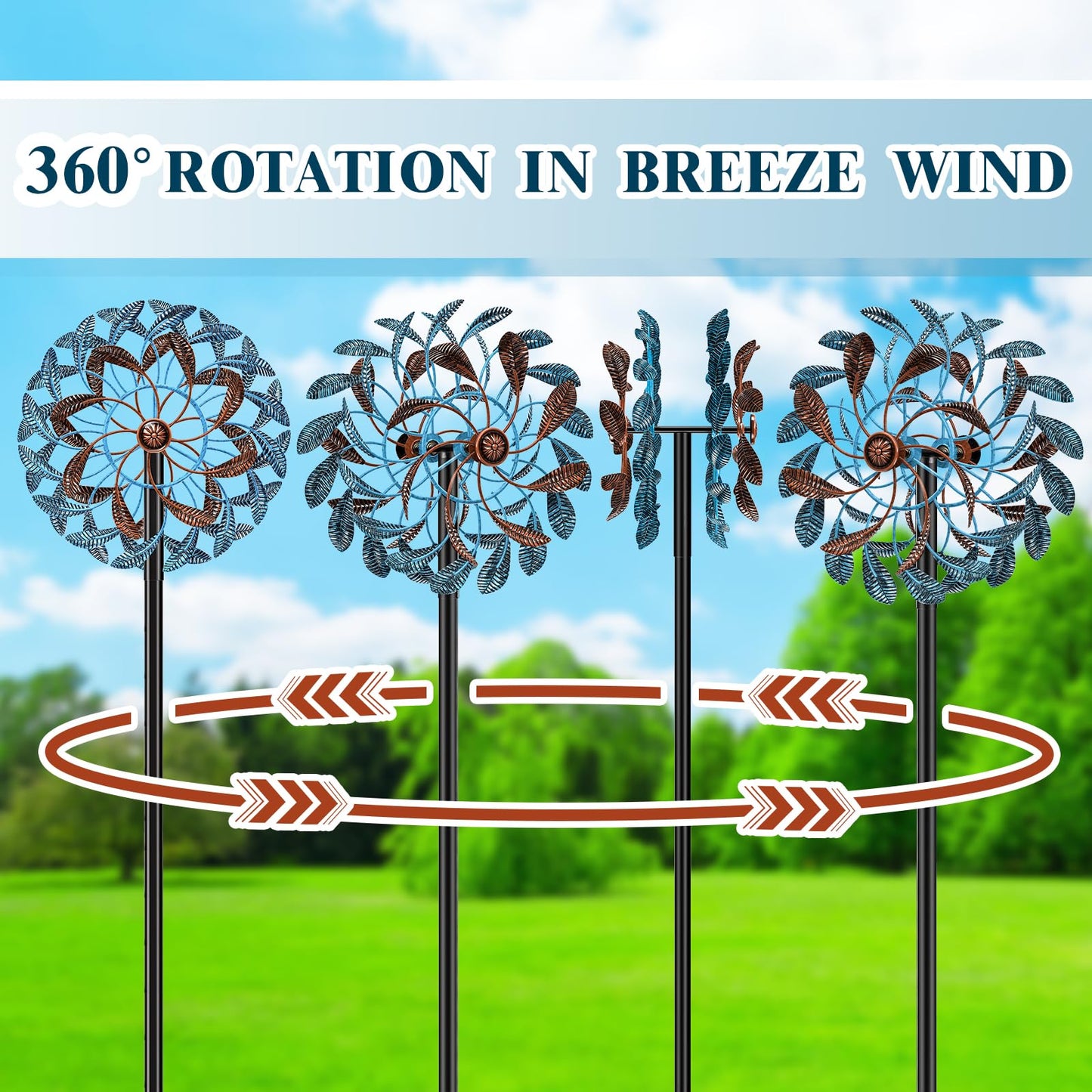 360° Wind Spinners Outdoor, Wind Sculptures Windmill with Metal Stake, 63.2" Kinetic Large Metal Yard Art Decor Spinners Pinwheels for Garden Outside Patio Lawn