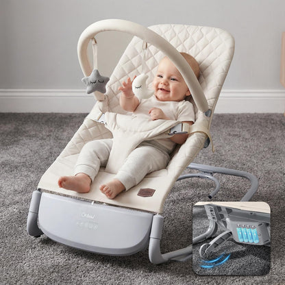 Orzbow Electric Baby Bouncer & Rocker with Innovative Auto Rocking Motion, Adaptable 3-Speed, Smart Tap Sensing, Soothing Sounds, and 3 Recline Positions, 2-in-1 Automatic Baby Rocker Chair, Beige