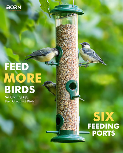 iBorn Metal Bird Feeders 6 Ports Hanging Wild Bird Seed Feeder for Mix Seed Blends, Seed Feeder, Sunflower Heart, Birdbath, Heavy Duty All Metal Green Finishing 15 Inch 6Port,Gift Box