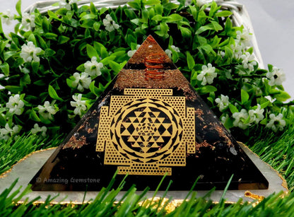 Amazing Gemstone Large Black Tourmaline Orgone Pyramid Crystal, Sri Yantra Big Orgonite Pyramid - Positive Energy Healing