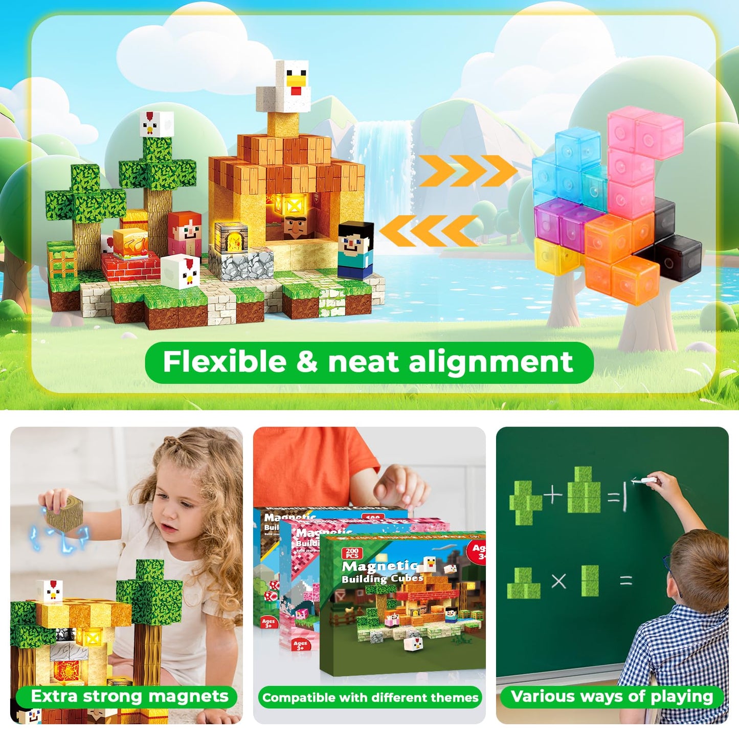 ToyUnited 200PCS Magnetic Blocks with Light-Up Blocks, Magnet Building Blocks, Stacking Magent Cubes, STEM Montessori Educational Sensory Toys for Boys & Girls Ages 3-12 Easter Birthday Gift