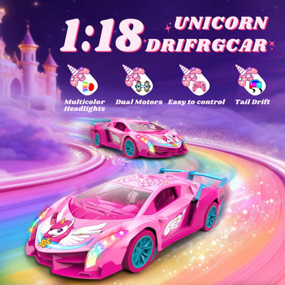 Unicorn RC Car for Girls, Rainbow Glow & Drift Wing Remote Control Car,2.4GHz RC Cars 1:18 Scale,Kids Toys Age 3 4 5 6 7 8 9 10 11 12,Girls Birthday Gifts,Valentines Day Gifts for Kids 3-12 Year Old