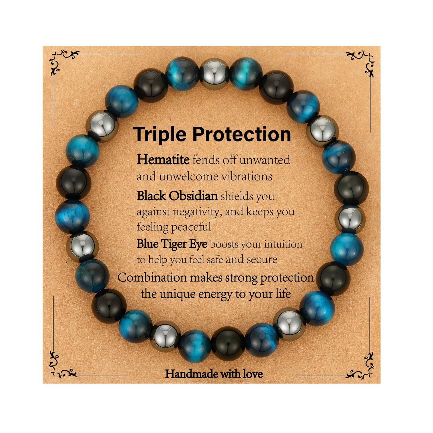 Gnamy Triple Protection Beaded Bracelet Bule Tiger Eye Hematite Bracelets Black Obsidian Bracelets Birthday Anniversary Valentines Healing Jewelry Gifts for Husband Boyfriend Lover Man