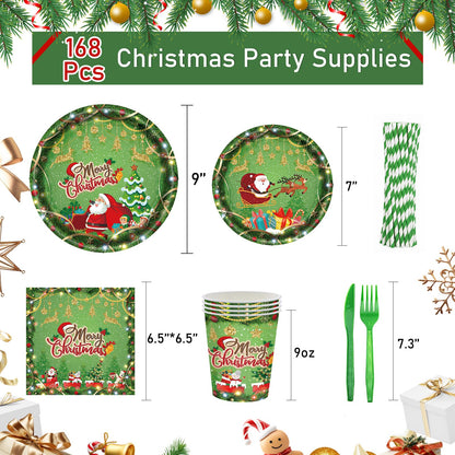168PCS Christmas Plates and Napkins, Cartoon Santa Claus Snowman Christmas Disposable Dinnerware Set Party Supplies, Green Holiday Paper Plates Napkins Cups Cutlery for Xmas Serves 24