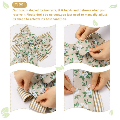 Whaline 2 Pack Spring Flower Wreath Bow Magnolia Floral Rustic Burlap Wired Edge Bow 11 x 21 Inch Large Spring Summer Farmhouse Wreath Bows Decor for Indoor Outdoor Wall Home Party Decoration