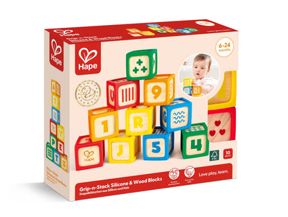 Hape Grip-n-Stack 10-Piece Wooden Building Blocks with Silicone Edges - Educational Alphabet & Number Stacking Toy for Toddlers and Babies - Fine Motor Skills & Sensory Play Set