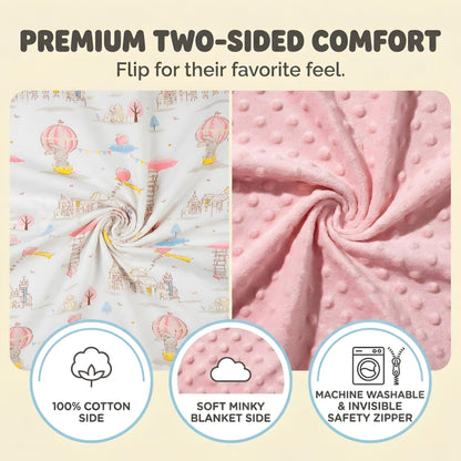 Baby Lounger Pillow for Newborn – Large Infant Lounger 0-24 Months | Anti-Startle Removable Wings, Breathable Mesh Core | 2-Sided Cotton & Minky Cover | Tummy Time Mat, Portable Baby Nest (Pink)