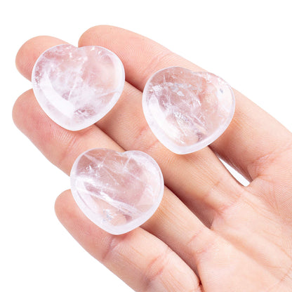 3 Pcs Natural 1 inch Clear Quartz Puffy Heart Stone, Healing Love Crystal Palm Worry Stone for Chakra Reiki Balancing, Meditation and Positive Energy