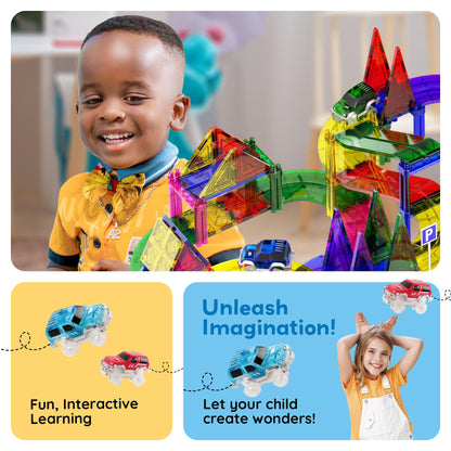 PicassoTiles 128pcs Magnetic Race Car Track Building Block Educational Toy Set Tiles Magnet Playset 3 LED Car STEM Learning Construction Kit Fine Motor Skill Training Brain Development for Kids Age3+