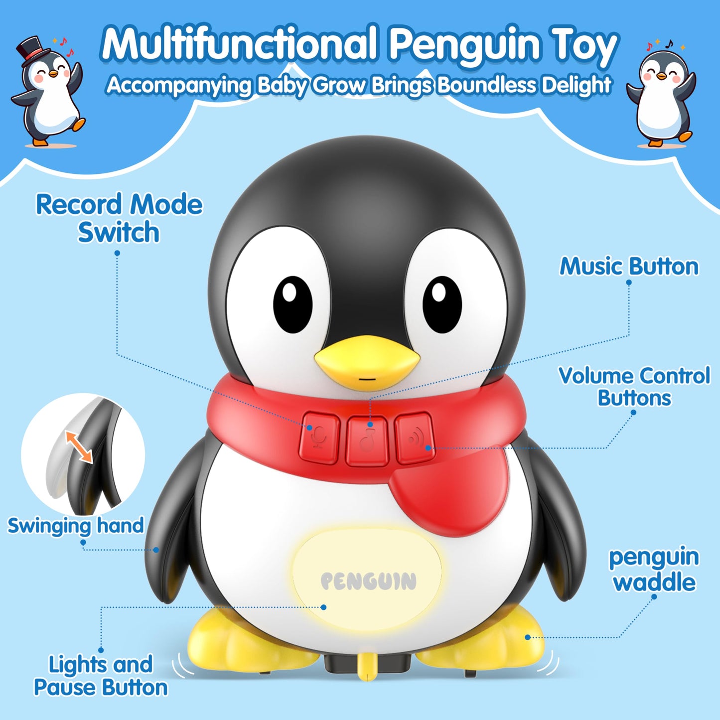 Baby Toys 6-12 Months Musical Dancing Talking Penguin Tummy Time Toys Set Mama and Babys, Light Up Crawling Repeating Words Interaction Newborn Infant Toddler Toys Birthday Easter Gifts for Kids