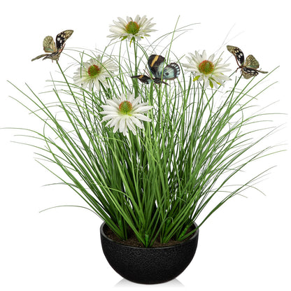 Artificial Plants Indoor with Pot, 17.3" Fake Potted Plants Artificial Onion Grass Plant with White Daisies Flowers and Butterflies Small Faux Plant Indoor for Home Living Room Table Shelf Decor