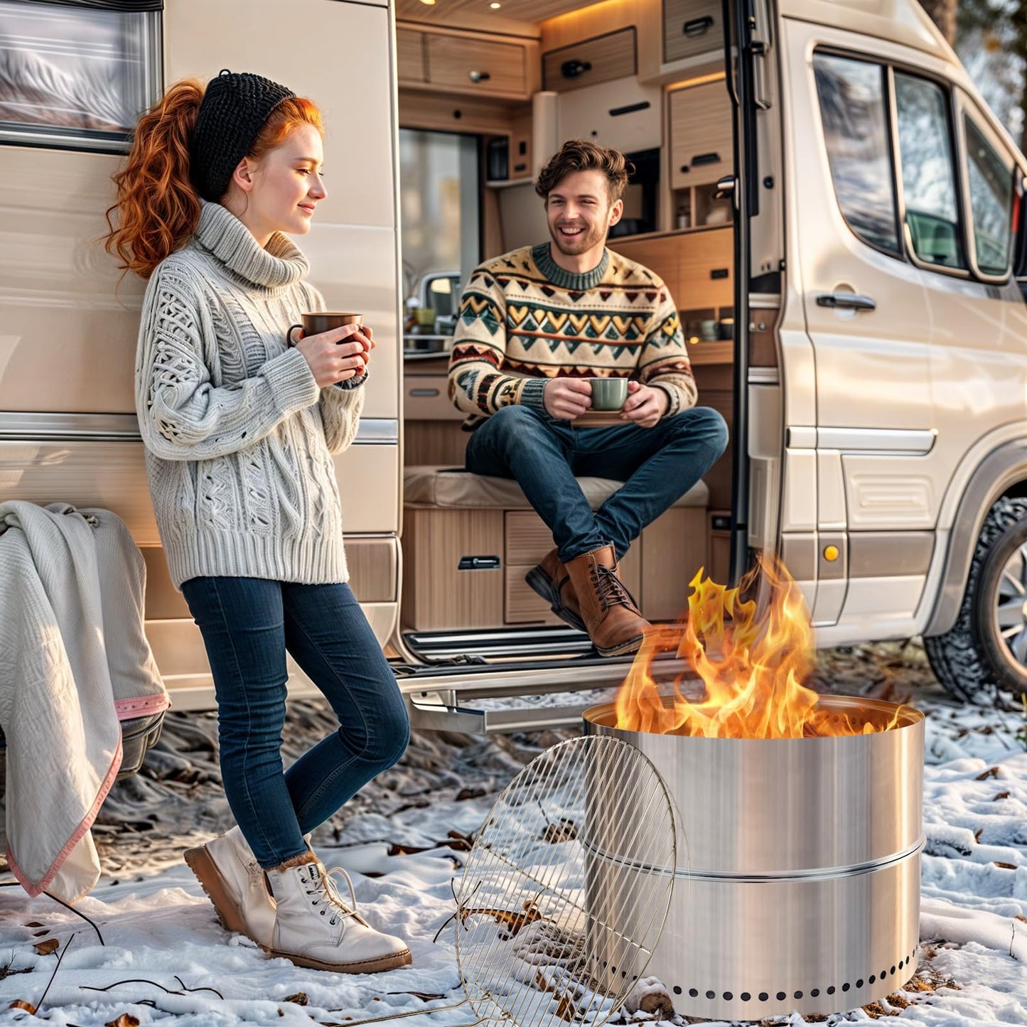 HGD 19.5 Inch Smokeless Firepit with Grill, Portable Wood Burning Fire Pit for Camping & Backyard, Stainless Steel Outdoor Fireplace with Travel Bag, Easy Setup & Compact Storage - Foldable Design