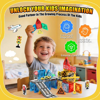 Magnetic Tiles - Construction Toys, Road Set Outdoor Travel Toys with Magnetic Crane & Car for Boys Age 3-5 4-8 8-10, Mini Magnet Building Blocks with Crane, Road, Traffic Lights, STEM Sensory Gifts