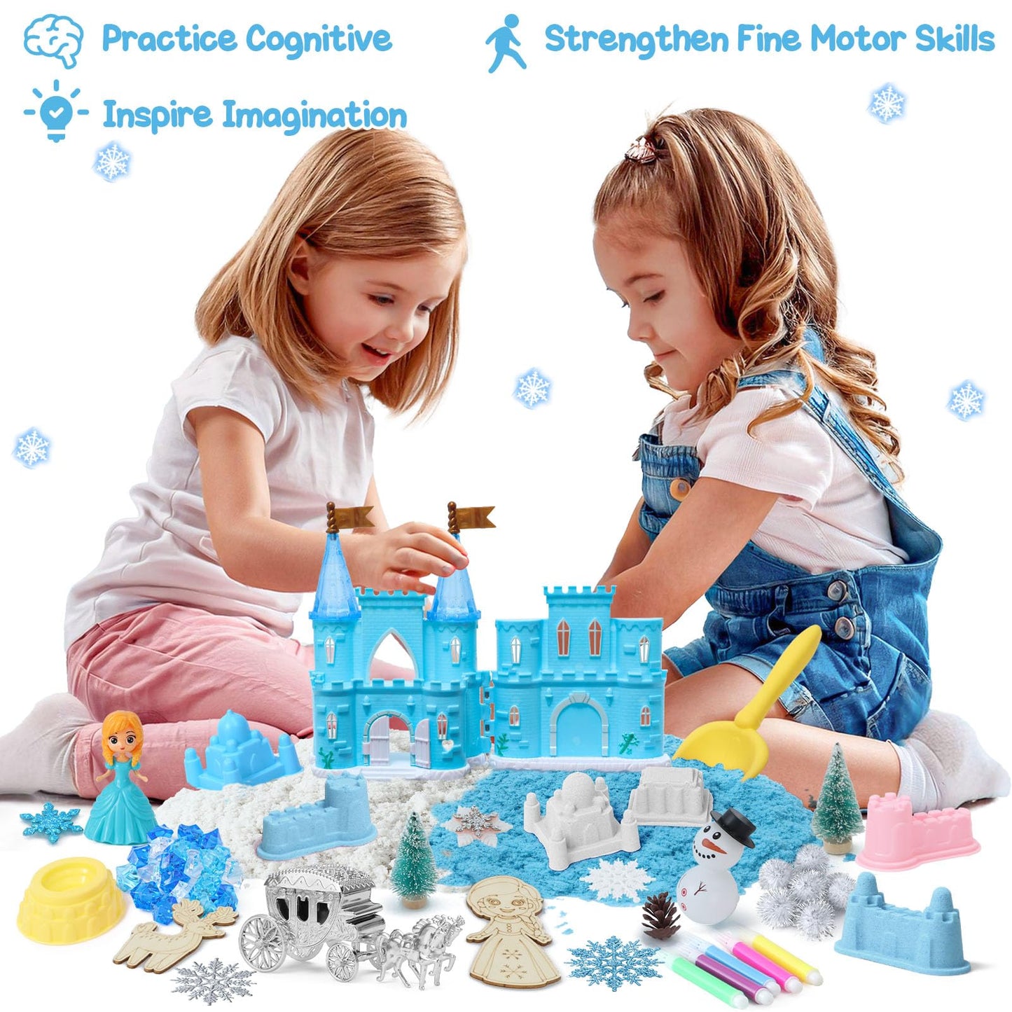 G.C Sensory Bin for Girl Kid Toy, Play Sand Art Kit with Sandbox/2lb Sand/Castle/Molds/Princess Figure, Winter Sensory Toy Christmas Birthday Gift for Girl Toddler Ages 3 4 5 6 7 8