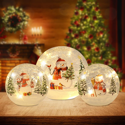YEAHOME Christmas Decorations Indoor,Set of 3 Snowman Crackle Glass Ball with LED Lights Home Decor, Christmas Table Decorations Lighted Globes with Timer for Mantel Fireplace Tabletop